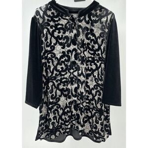 Chico's Travelers 2 L-XL Mandarin Collar Velvet Button Down Top Silk Rayon
